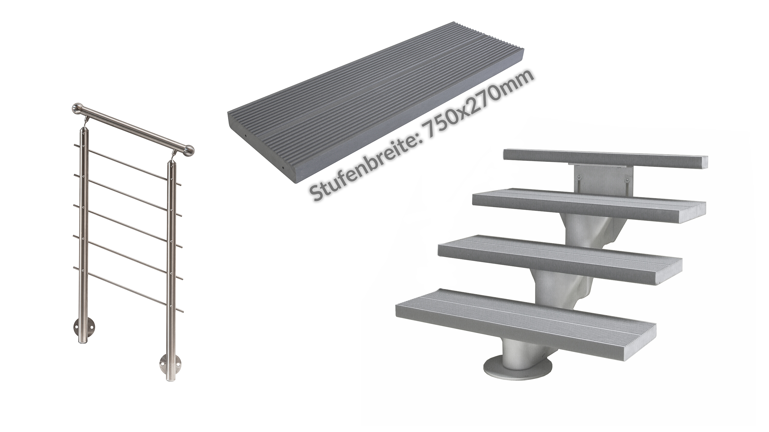ÖkoStep 210 750x270mm + MegaTec Geländer+Stufen Kunststoff grau Set