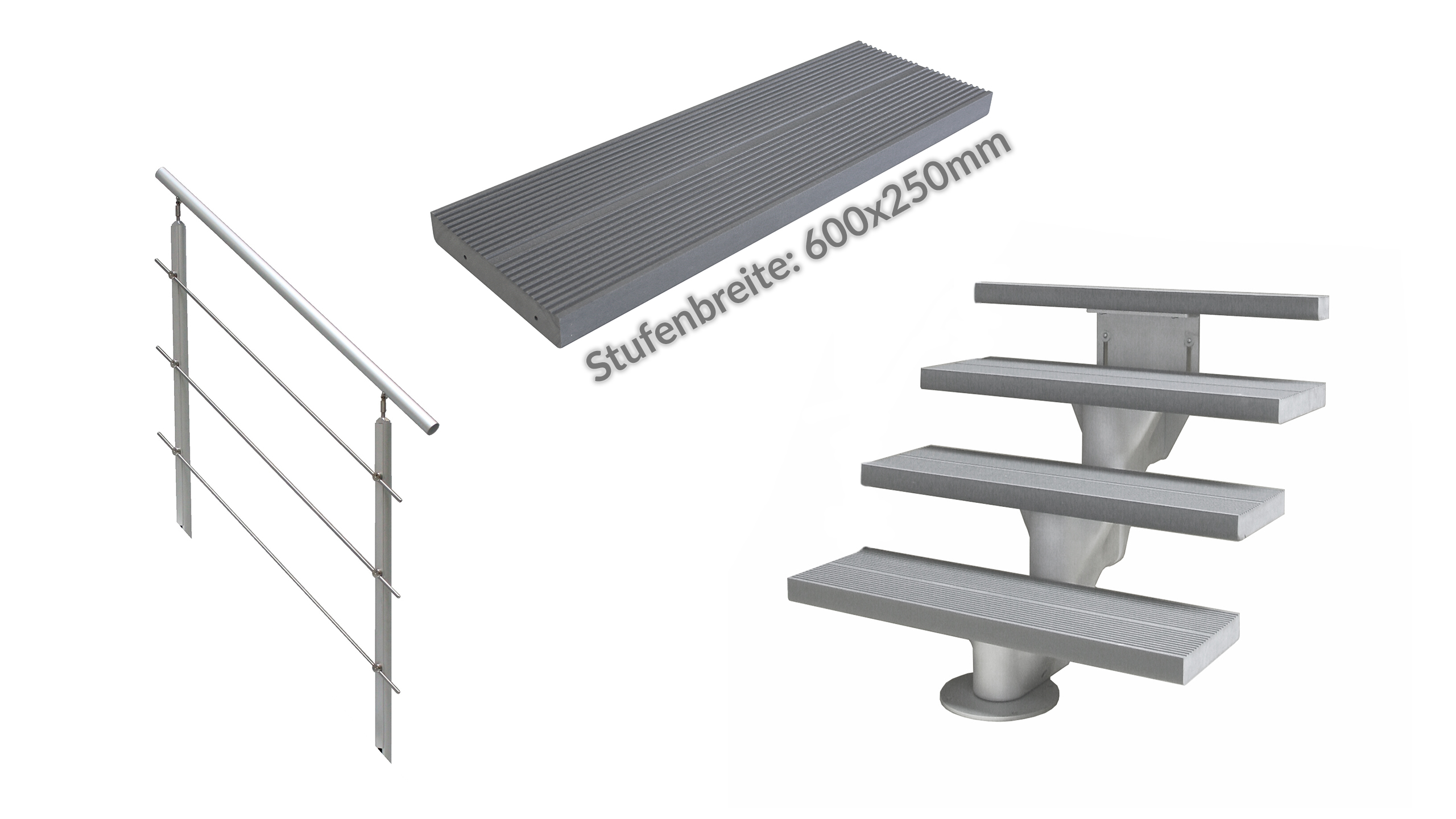 ÖkoStep 160 600x250mm + AluTop Geländer + Stufen Kunststoff grau Set 
