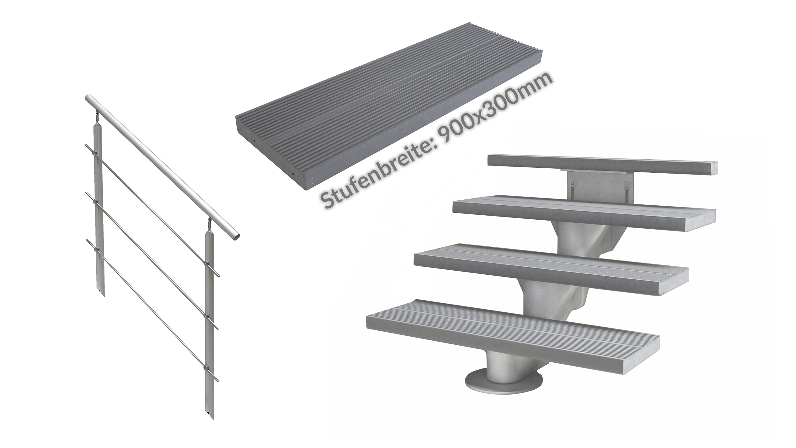 ÖkoStep 260 900x300mm + Podest + AluTop Geländer + Stufen Kunststoff grau Set